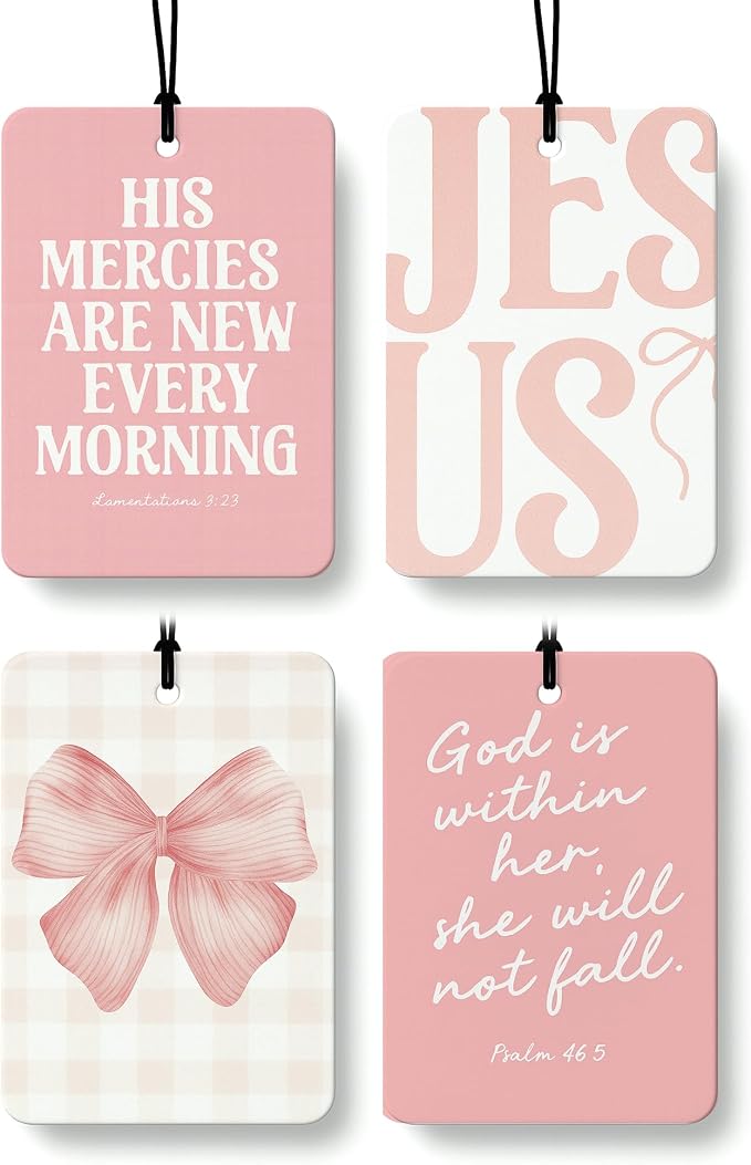 Pink Christian Car Air Freshener 4 Pcs Coconut Scented, Coquette Girly Pink Bow Christian Car Accessories Mirror Decor for Women, Religious Hanging Air Freshener for Cars Closet Drawer Books