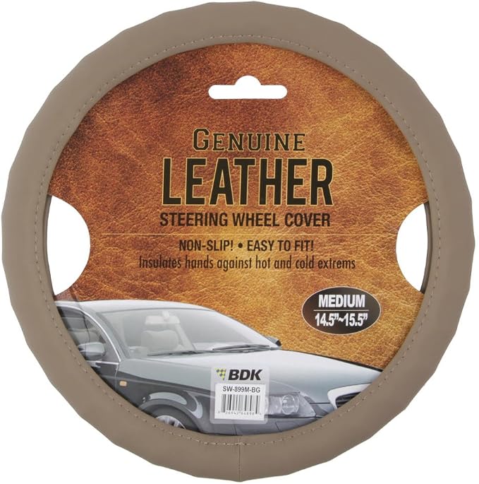 Ergonomic Grip Steering Wheel Cover/Protector for Small Size Steering Wheels in Cars, SUVs, Boats (13.5-14.5") (Genuine Leather (Beige))