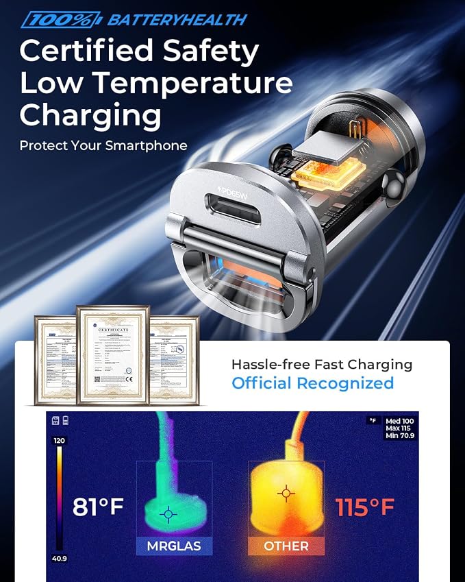 125W USB C Car Charger, [Mini & Metal] USB C Car Charger Adapter Fast Charging PD65W & QC60W Dual Port Type C Cigarette Lighter USB Charger for iPhone 16 15 Pro Max S25 MacBook-Silver Gray
