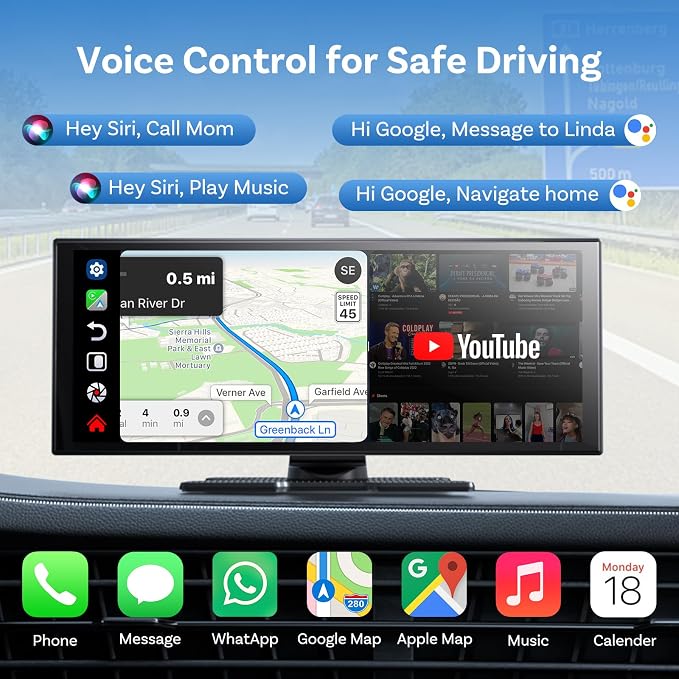 OTTOCAST ScreenFlow, 11.4" Portable CarPlay Screen for Car with YouTube and Backup Camera for iPhone(iOS 8+) Android Auto(Android 10+), Built-in Apps, Android 13 OS
