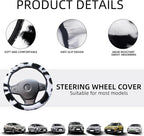 Black and White Cow Print Fuzzy Steering Wheel Cover for Women, Universal Auto Steering Wheel 14-15 Inch Soft Warm Car Interior Accessories with 2PCS Car Coasters, Suitable for Men and Women