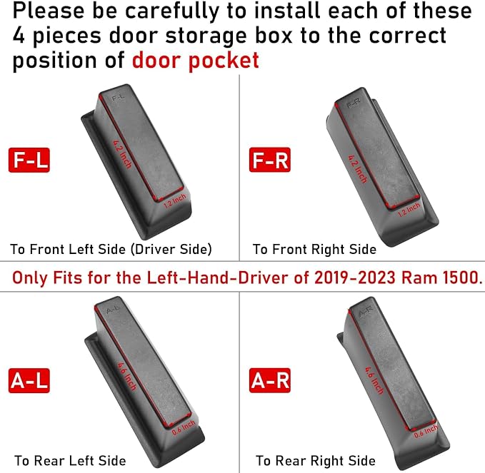 for Ram 1500 Door Side Organizer Tray 2019 2020 2021 2022 2023 2024 2025 2026, for Ram 1500 Door Pocket Insert 4 Pcs with White-Lines Mats (Does not fit 2500 3500)