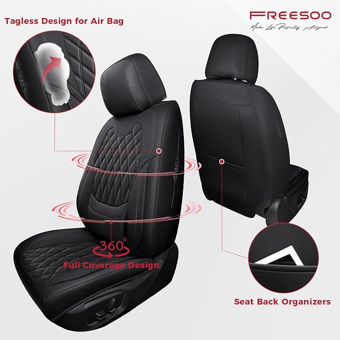 Black Car Seat Covers Full Set - Faux Nappa Leather Seat Covers for Cars, Ultra Breathable Waterproof Front Seats Protector with Lumbar Support, Universal Fit for Automotive Sedan SUVs Pickups