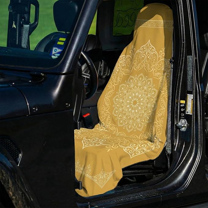 2 Pack Car Seat Towel Covers, Sweat-Proof Microfiber Seat Protectors for Gym, Running, Beach & Workout, Breathable Quick-Dry, Machine Washable, Gold Mandala Print, Universal Fit