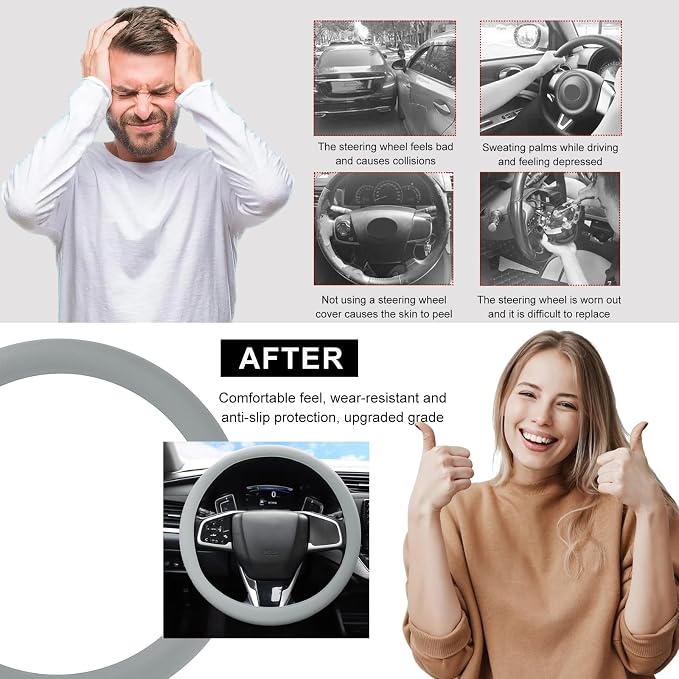 Car Steering Wheel Cover, 13 to 14.17 inches Anti-Slip Silicone Steering Wheel Protector, Soft Flexible Shock-Absorbent Steering Wheel Protective Cover for Most Car Models (Gray)