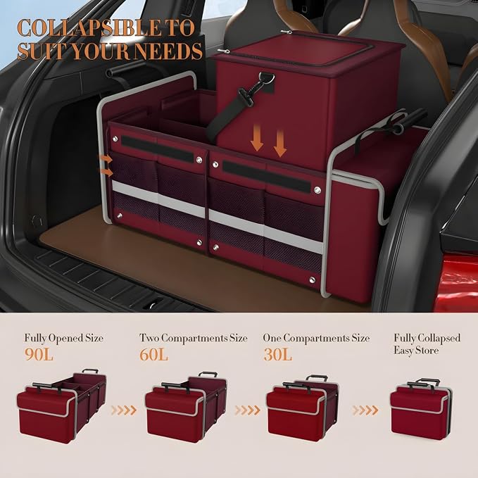 Large Trunk Organizer for SUV with Premium Portable Cooler Bag, Car Organizers and Storage with Foldable Cover, Collapsible Car Trunk Bed Organizer for Truck, 2 Retractable Straps, 90L+20L, Wine Red-C