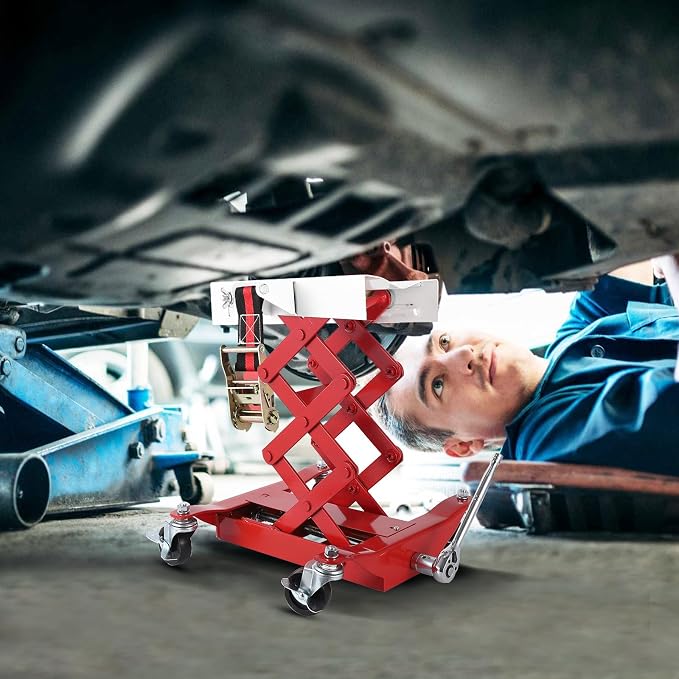 Transmission Jack 450 LBS Capacity: Low Profile Lift with 2M Safety Straps & 4 Brake Wheels, 7-23 Inch Range for Car & Truck Repair (Red)