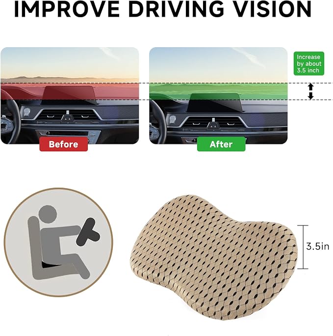 Car Seat Cushion - Memory Foam Seat Pad for Sciatica & Lower Back Pain Relief - Driving Cushion with Breathable Mesh Cover - Road Trip Essentials for Drivers (3D Beige)