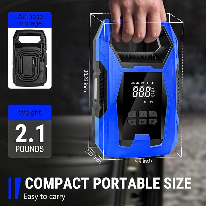 AC/DC Tire Inflator Portable Air Compressor, Dual Power for Home 110V AC and Car 12V DC Air Pump with Pressure Gauge, Auto Shutoff, Tire Pump for Car Motorcycle Bike and Other Inflatables, Blue