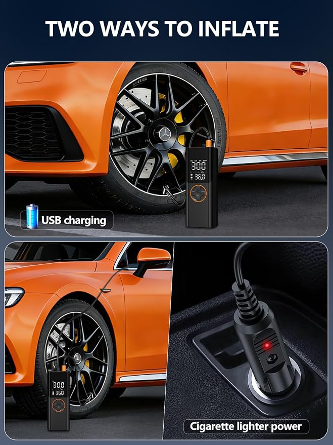 Tire Inflator Portable Air Compressor, 150PSI Cordless Tire Pump with USB Output, 12V DC Car Plug & Dual Power 6000mAh, Fast Inflation Air Pump for Cars, Bikes, Motorcycles and Balls