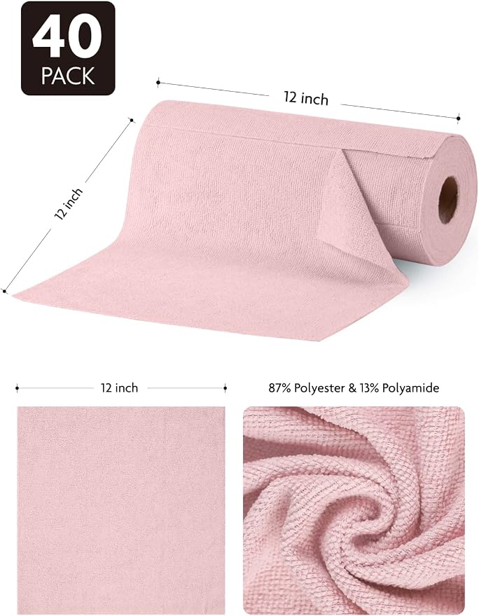Microfiber Cleaning Cloth Roll -40 Pack, Tear Away Microfiber Towels, 12" x 12", Reusable, Washable, Lint Free, Ultra Absorbent Dishcloth for Car, Pet, Kitchen Cleaning Supplies (Pink)