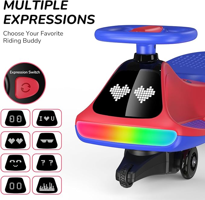 12V Electric Wiggle Car for Kids with Pedal, Display, Rechargeable Battery, LED Light, Bluetooth, Light-Up Wheels, Anti-Rollover, 2 Speeds, Ride on Toys, Birthday Gifts for Age 3+, 150Lbs