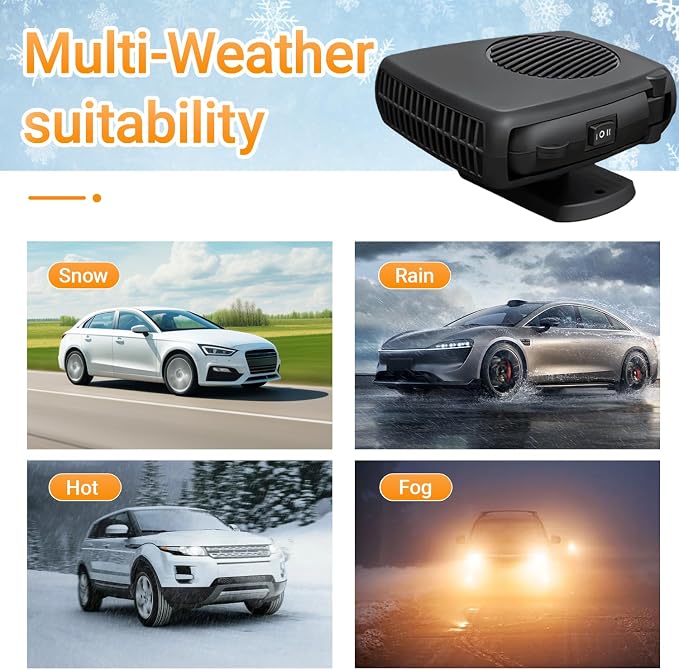 Car Heater, 12V 200W Fast Heating & Cooler Fan Portable Windshield Defogger & Defroster Plug into Cigarette Lighter, 360° Auto Heater for Car, SUV, Trucks