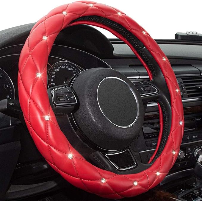 Red Steering Wheel Cover, Leather Car Steering Wheel Cover, Crystal Rhinestones Anti-Slip Soft Accessories for Women and Girl Universal Fit 14.5-15 Inch