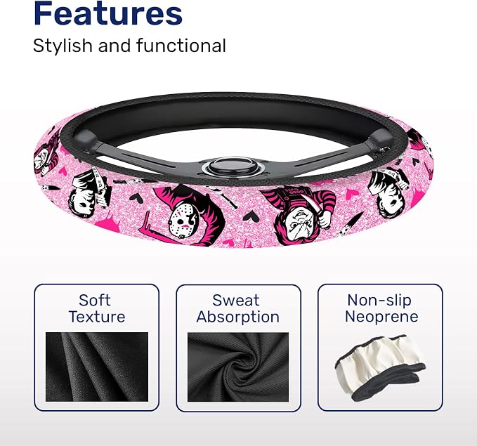 Pink Retro Horror Mask Steering Wheel Cover, Non-Slip Polyester Wheel Grip, Universal 15 Inch Car Accessory