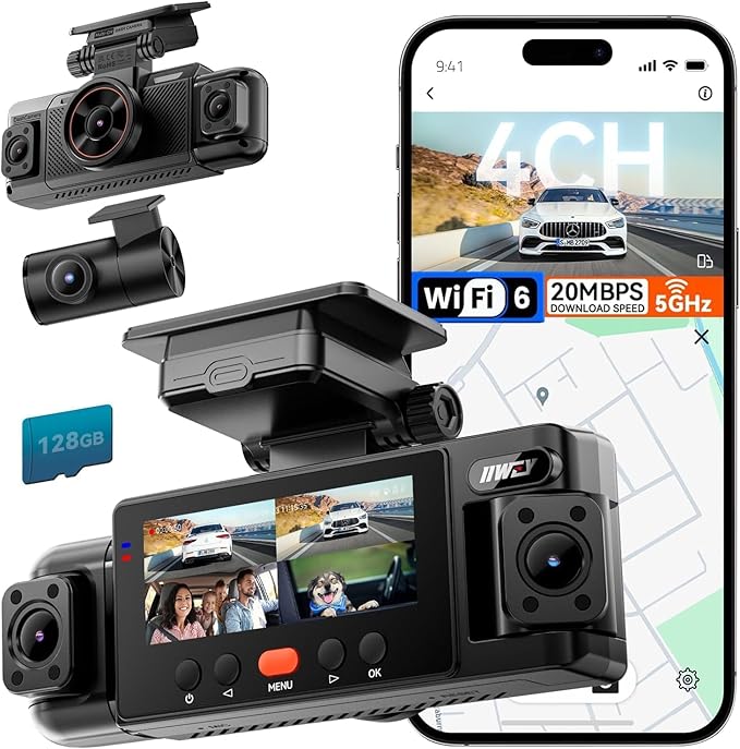 N6 360° Dash Cam 4 Channel, 5.8G WiFi-6 (up to 20MB/s) with App, Free 128GB Card, FHD Front & Rear Inside Dash Cam for Car, 8 IR Lights Night Vision, GPS, 24/7 Parking Mode, G-Sensor