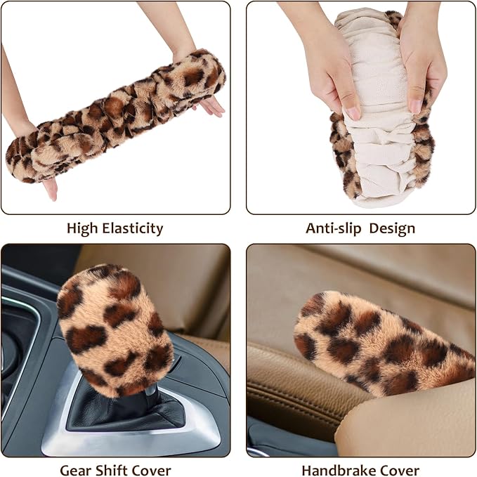Fluffy Car Steering Wheel Cover, Leopard Fuzzy Vehicle Wheel Cover for Women Non-Slip Furry Warm Steering Wheel Protector with Cute Ears, Car Accessories 15 inch Universal Fit Auto, Suvs, Truck