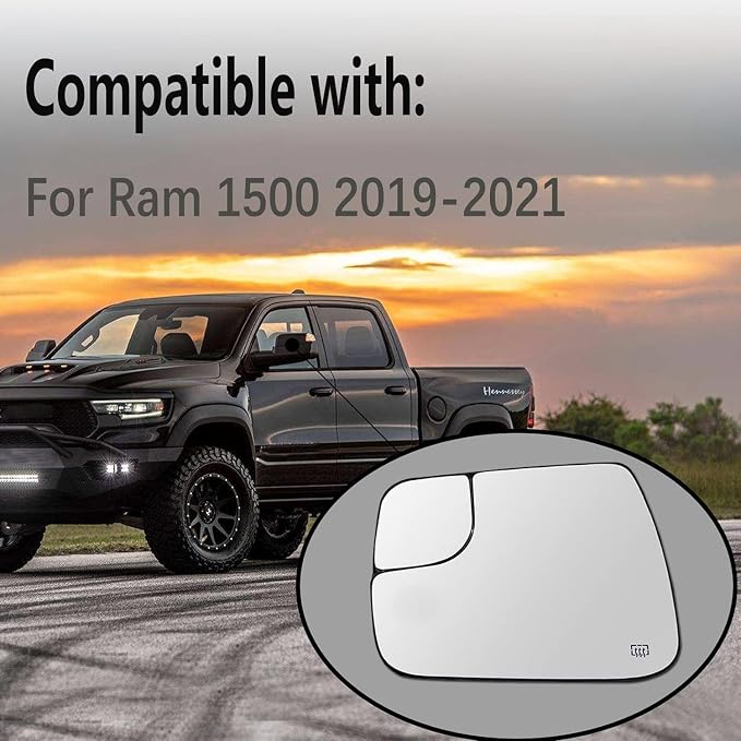 Left Driver Side Heated Convex Mirror Glass Replacement For 2019 2020 2021 Dodge Ram 1500 - Power Heated, with Backing Plate, Replace 68402036AA 68402037AA