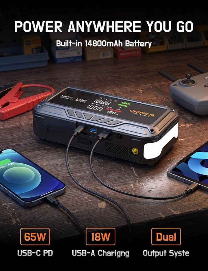 Jump Starter with Air Compressor, 8000A 160 PSI, 65W USB-C Fast Charging, Portable Car Battery Jumper for 12 Gas/14L Diesel, All-in-One Emergency Jump Box