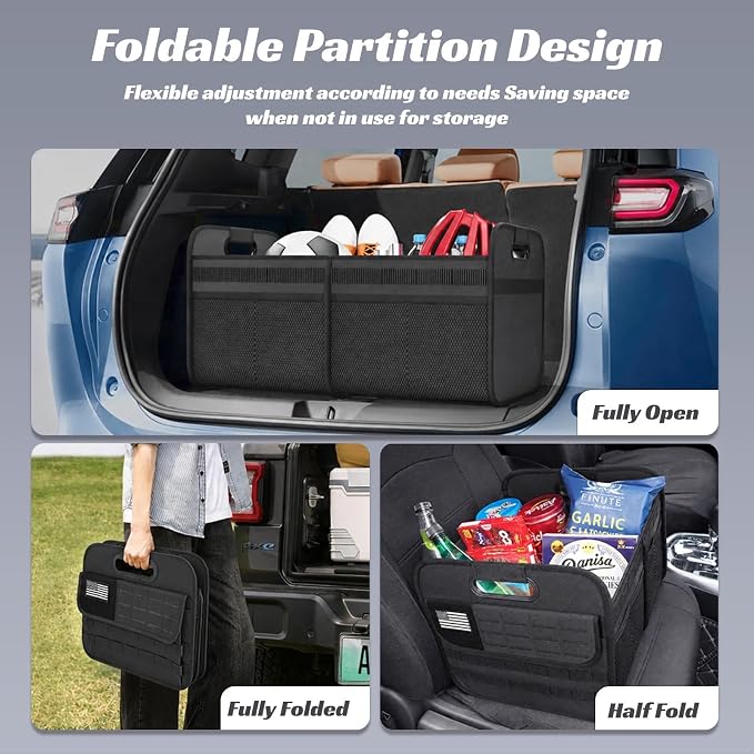 Car Trunk Organizer for SUV - 65L Collapsible Tactical MOLLE Car Storage with Reinforced Handles & Multiple Pockets, Sturdy Trunk Organizers for Groceries, Tools & Outdoor Storage (Black)