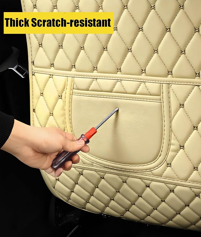 Leatherette Car Seat Protector - 2 Pack Large Car Kick Mats with Storage Organizer Seat Back Cover Against Dirty Shoes & Scratches, Universal Fit for Most Vehicles (Beige)