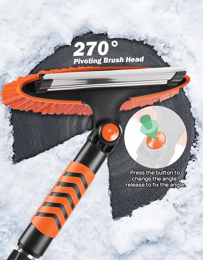 41.5IN Extendable Snow Brush and Ice Scraper, 270°Pivoting Snow Scraper Brush for Car Windshield, Telescoping Ice Scraper, Foam Grip, Heavy Duty Snow Remover for Cars, Trucks, SUV (Orange)