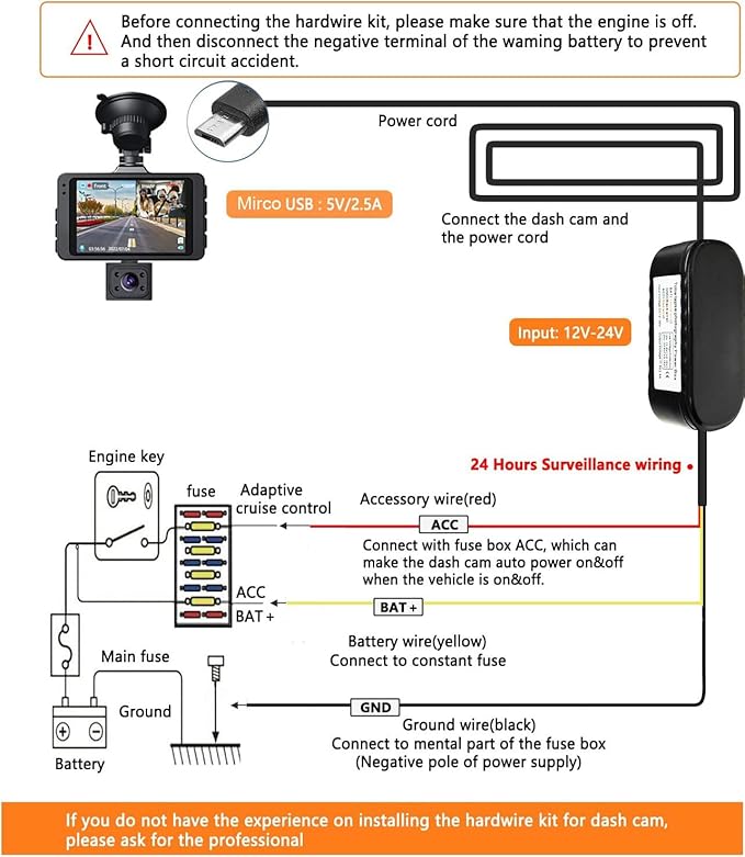 Micro USB Port Dash Cam Hardwire Kit for 24H Parking Monitor/Time-Lapse Recording Converts 12V-24V to 5V/2.5A Car Dash Camera Charger 320cm Cable Kit, Low Voltage Protection
