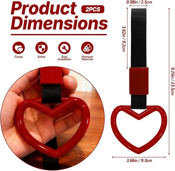 2 Pcs Heart Shaped Car Handle Strap – Drift Charm Rear Bumper Warning Ring Decor for Car Interior Exterior, Subway Bus Handle Accessory, Cute Heart Car Decor Gift for Women & Men (Red)