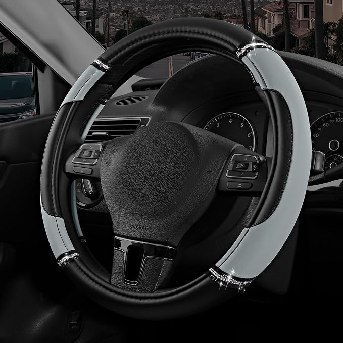 Leather Steering Wheel Cover - Made with PVC Leather - Anti-Slip, Universal Fit 14 1/2 inches to 15 inches - Gray