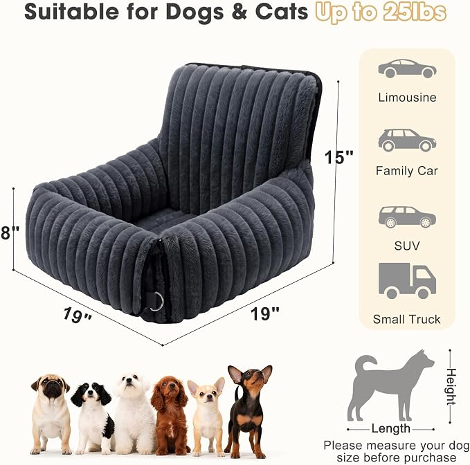 Dog Car Seat for Small/Medium Dogs up to 25 lbs, Multi-Functional Dog Carrier for Car with Detachable Washable Cover, Pet Travel Bed with Clip-On Safety Leash, Grey