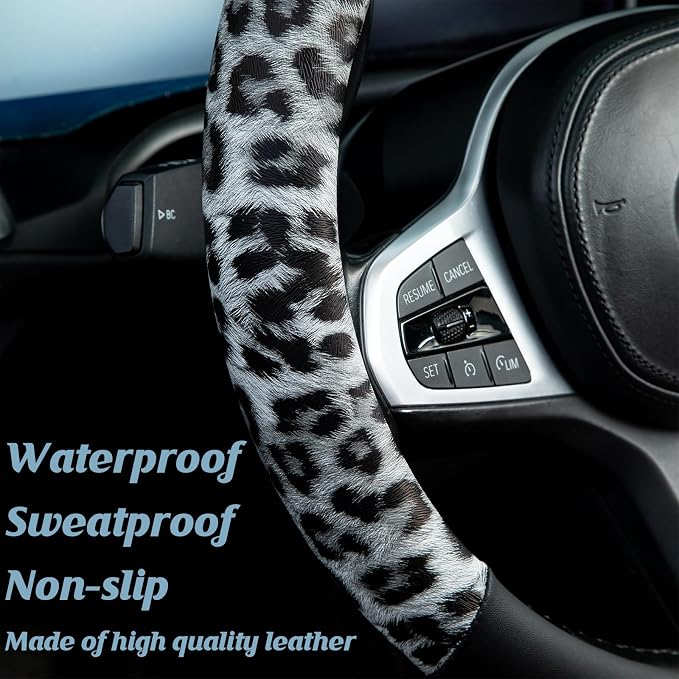 White Leopard Steering Wheel Cover Auto Leather Steering Wheel Protector, Anti-Slip, Breathable, Absorbing Sweat, Universal Leopard Car Accessories 14.5–15 inch,Fit for Most Car, Trucks, SUV