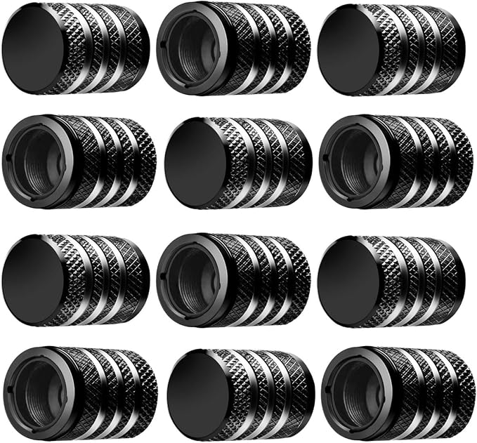 Tire Valve Stem Cap Cover - (12 Pack) Tire Air Caps Metal with Plastic Liner Corrosion Resistant Leak-Proof for Car Truck Motorcycle SUV and Bike Black