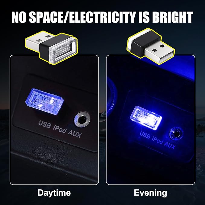 4 PCS USB LED Car Interior Atmosphere Lamp, Portable Mini LED Night Light, Plug-in USB Interface Trunk Ambient Lighting Kit, Universal Car Interior Accessories (Blue)