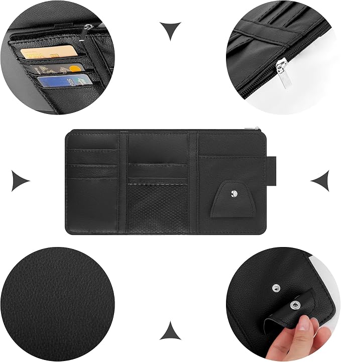 Car Visor Organizer with Sunglass Holder,Multi-Functional Car Sun Visor Organizer with Zipper for Cards,Money,Tickets,Leather Interior Accessories (Black)