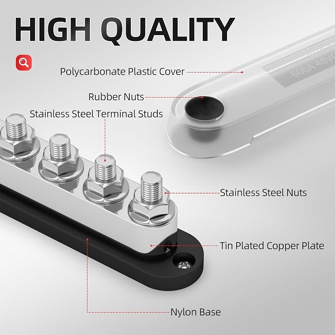 600A Power Distribution Block 12V Bus Bar Terminal Block 6 x 3/8" Terminal Studs 12 Volt Marine Bus Bar with Cover Positive & Negative for Automotive Car Boat Solar System