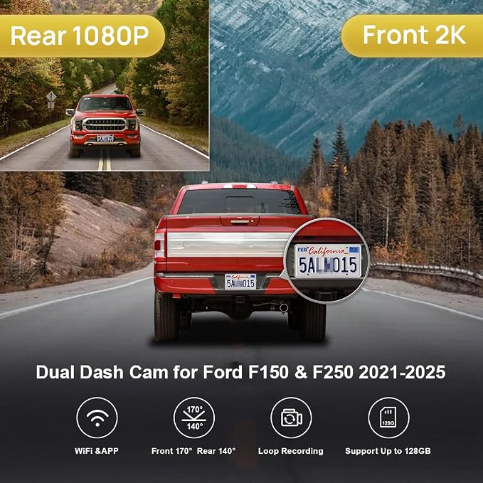 Front 2K Rear 1080P Dash Cam for 2021-2025 Ford F150 F250 Limited XLT XL Raptor Lariat Platinum King Ranch Tremor, OEM Look, Dual HD Video, Loop Recording WiFi, G-Sensor, Easy to Use, 64GB