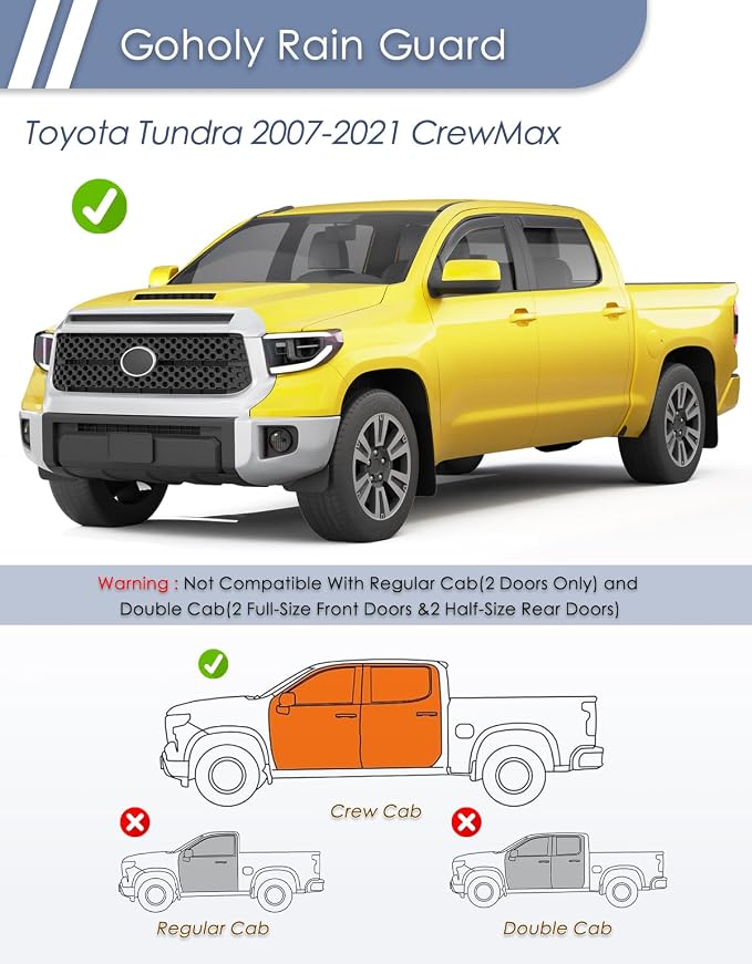 in-Channel Window Rain Guard for Toyota Tundra 2007-2021 CrewMax Rain Guards Side Truck Window Visors Low Profile Vent Visor Window Deflectors Vent Shades Car Accessories-4pcs
