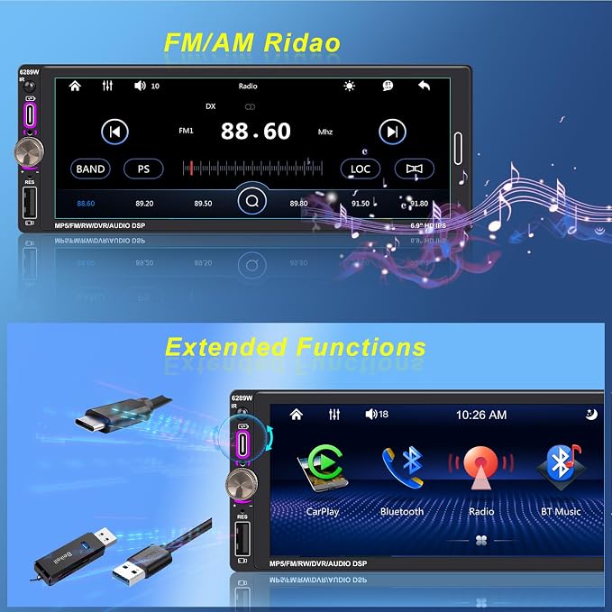 6.9" Single DIN Car Radio with Wireless Apple CarPlay, Car Bluetooth 5.2, AM FM Radio, IPS Touchscreen 1280x480, Backup Camera, Type-C Fast Charging, USB, 180W Subwoofer, Android Auto, GPS Navigation