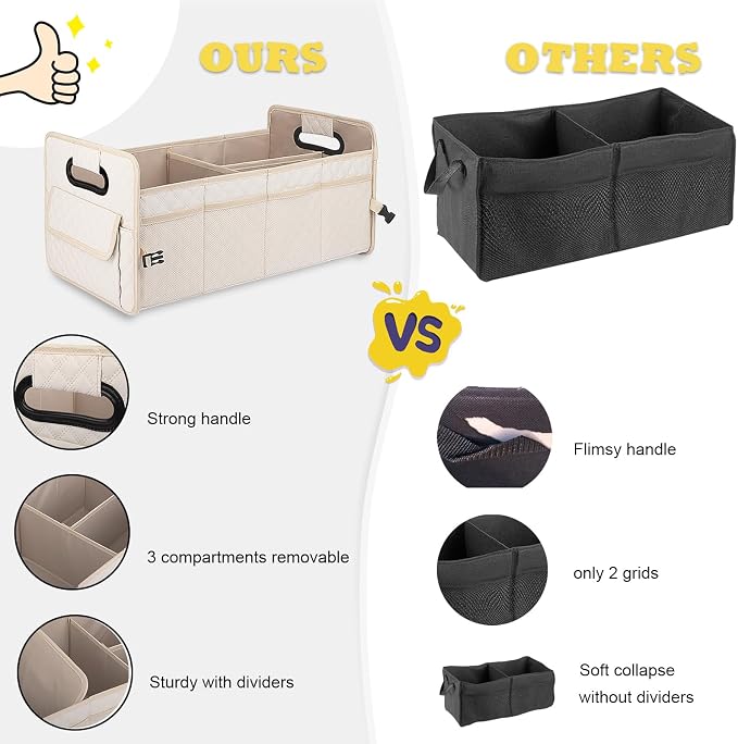 Car Trunk Organizer for SUV, Car Storage Organizer Collapsible Multi Compartment Container Box, Adjustable Car Accessories for Women/Men, Large Beige