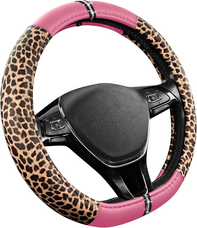 Leopard Steering Wheel Cover for Women, Cute Anti-Slip Microfiber Leather, Fits D Shape Flat Bottom Steering Wheel 14.5-15 Inch - Pink