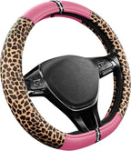 Leopard Steering Wheel Cover for Women, Cute Anti-Slip Microfiber Leather, Fits D Shape Flat Bottom Steering Wheel 14.5-15 Inch - Pink