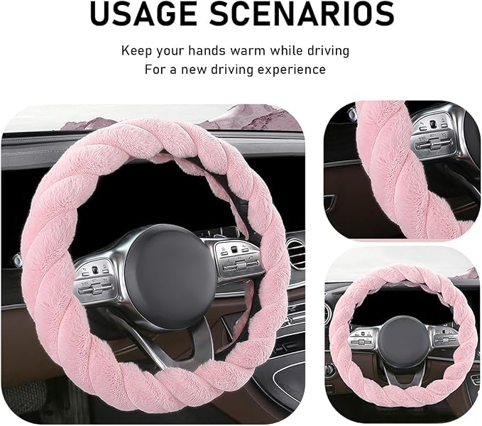 Fluffy Car Steering Wheel Cover, 15 Inches Anti-Slip Round Fuzzy Winter Steering Wheel Protector, Soft Warm Plush Steering Wheel Cover for Women Girls, Car Accessories (Pink, D-Shaped)