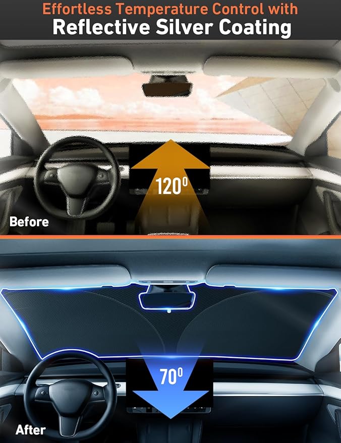 Windshield Sun Shade Compatible for Tesla Model 3 & Model Y Juniper 2017-2024 2025 2026, Sun Visor for EV Front Window Sunshade, Foldable Heat & UV Protector, Car Accessories