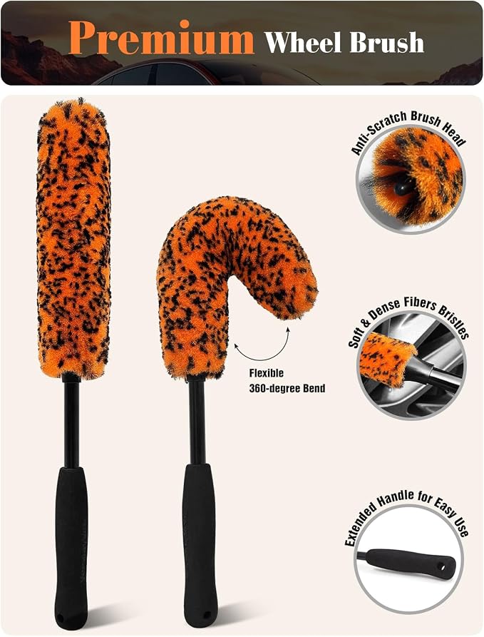 7PCS Motorcycle Cleaning Kit with 2-Size Bendable Wheel Brushes-Hard Reach Brush,Tire and Chain Brush, Boar Hair Detailing Brush, Wash Mitt & Microfiber Towel for Dirt Bike & Car Wheels