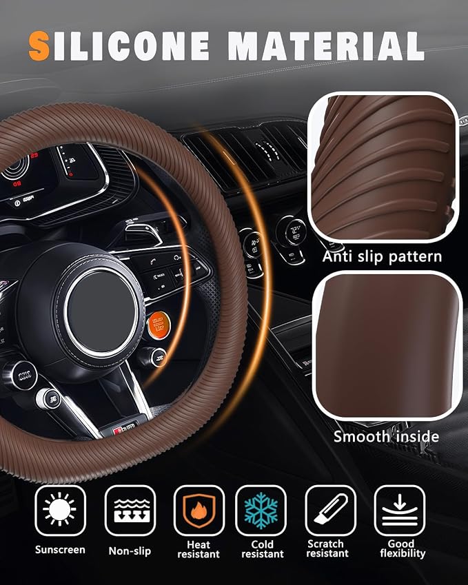 Car Steering Wheel Cover, Thin Anti-Skid Silicone Steering Wheel Cover for Men & Women, Universal Automotive Interior Accessories for Most Cars (Brown)