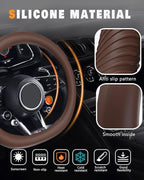 Car Steering Wheel Cover, Thin Anti-Skid Silicone Steering Wheel Cover for Men & Women, Universal Automotive Interior Accessories for Most Cars (Brown)