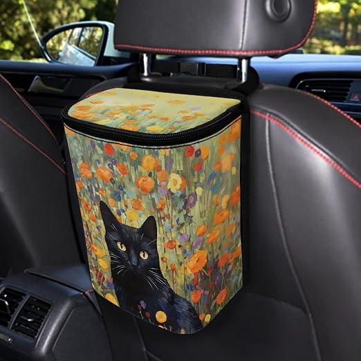 Cat Flower Print Car Trash Can with Lid, Leak Proof Auto Trash Bag Hanging Vehicle Garbage Can Multipurpose Storage Container for Back Seat Road Trip