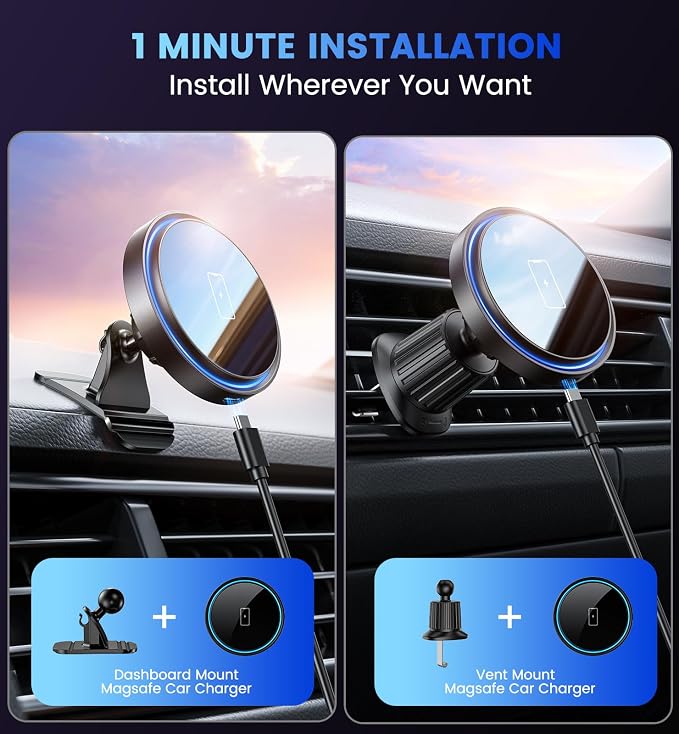 Magnetic Car Mount Charger 15W Magnetic Wireless Car Charger for iPhone 17 Accessories Magnetic Phone Holder for Car 3 in 1 Magnetic Car Mount for iPhone17Pro/16/15/14/13/12 Series Gifts for Men Women