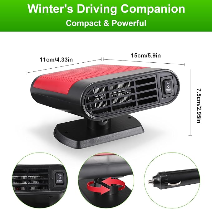 150W 12V Car Heater, Fast Heating 3-in-1 Portable Auto Defroster & Defogger with 360° Adjustable Vent, Quick Heat Fan for Windshield Winter Warming