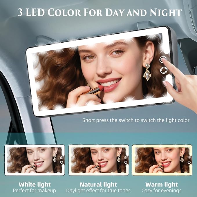 Car Visor Vanity Mirror with Light, Rechargeable Dimmable Touch LED Sun Visor Mirrors, Large Detachable Vanity Makeup Mirror with 3 Color Modes for Truck SUV Car Accessories Essential for Women(Black)